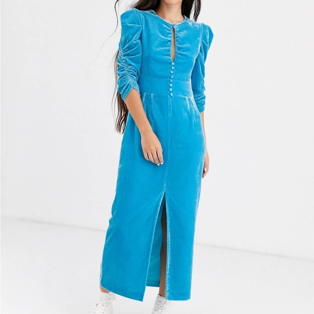 Rachel Antonoff Margaret Tea Dress in Cyan Blue Velvet 3/4 Sleeve Button Down